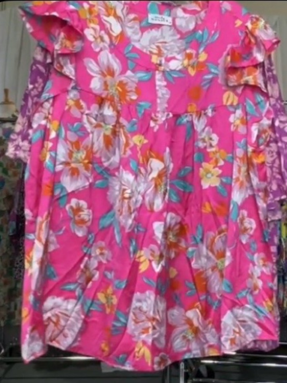 Bright Pink Floral Ruffle-Trim Blouse
